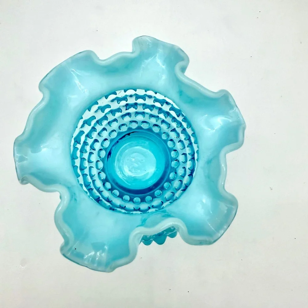 Fenton Home Vase 4.5in Glass Mid-Century Blue Opalescent Hobnail Ruffled